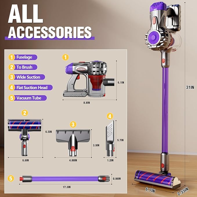 Kids Vacuum That Really Works, Toddler Vacuum Toy That Works, Toy Baby Working Play Child Size Real Mini Vacuum Cleaner with Real Suction Cleaning Set for Kids Toddlers 3-5 (Violet)