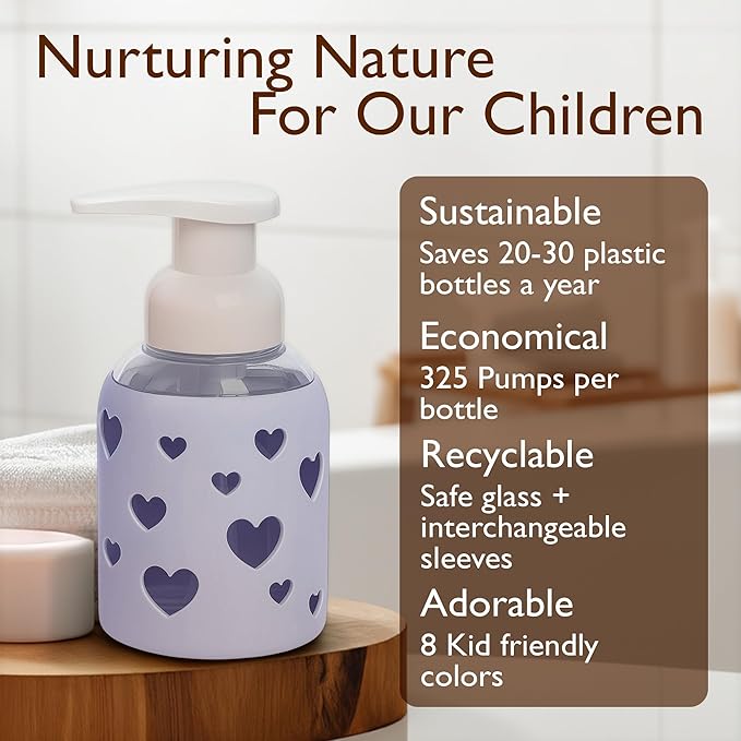 SoCal Suds & Company Glass Foaming Hand Soap Dispenser, Heart Silicone Sleeve, Refillable Pump Bottle for Kids, Baby Wash & Shampoo, Ideal for Home Use, Soft Purple 8oz