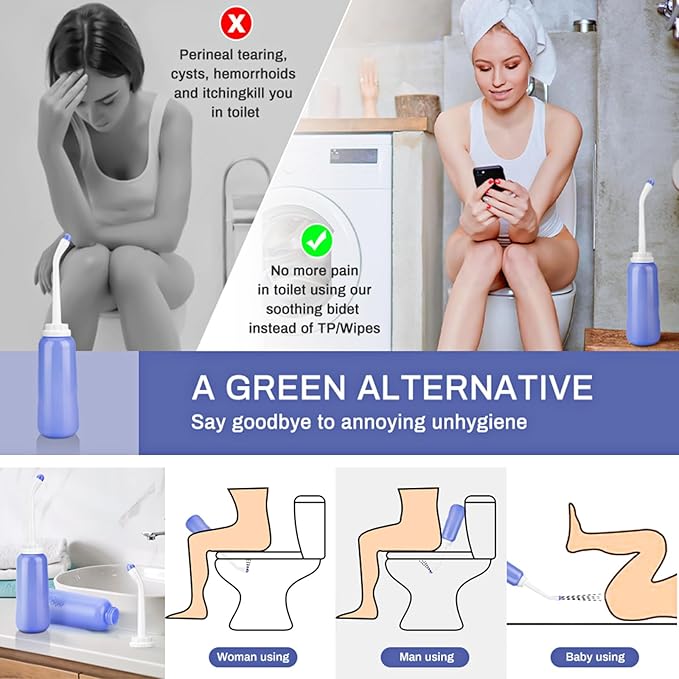 2 Pack Portable Bidet Sprayer Peri Bottle, Number-one Travel Bidet Bottle 500ml 17oz Personal Hygiene Care Toilet Bidet Shower with 2 Nozzles, Dust Cap and Storage Bag for PostPartum Care and Recovery