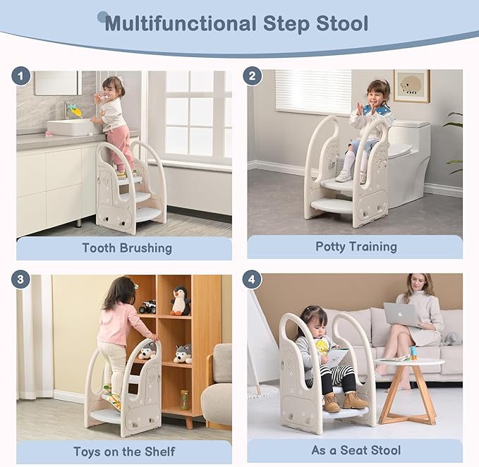 Toddler 3 Step Stool Onasti Kids Standing Tower for Toddlers Plastic Learning Helper Stool for Kitchen Counter Bathroom Sink Toilet Potty Training with Handles and Non-Slip Pads-Grey White