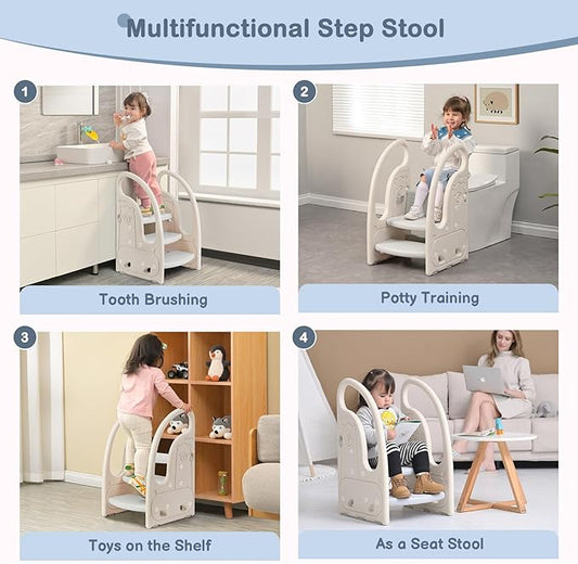 Toddler 3 Step Stool Onasti Kids Standing Tower for Toddlers Plastic Learning Helper Stool for Kitchen Counter Bathroom Sink Toilet Potty Training with Handles and Non-Slip Pads-Grey White