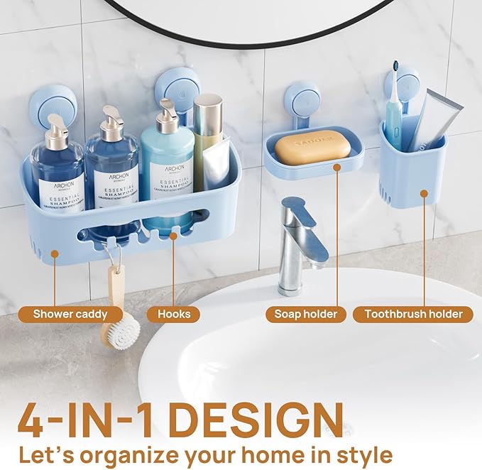 LEVERLOC Shower Caddy Suction Cup Set Shower Organizer & Soap Holder & Toothbrush Holder, Bathroom Shelf Basket NO-Drilling, Removable Suction Storage Waterproof Bathroom Caddy, Blue