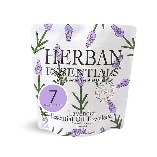 Herban Essentials - Lavender Wipes & Towelettes - Essential Oil Wipes for Make Up, Hands, Face & Body - Travel Size Essentials and Toiletries - Natural, Individually Wrapped and Disposable - 7 Count