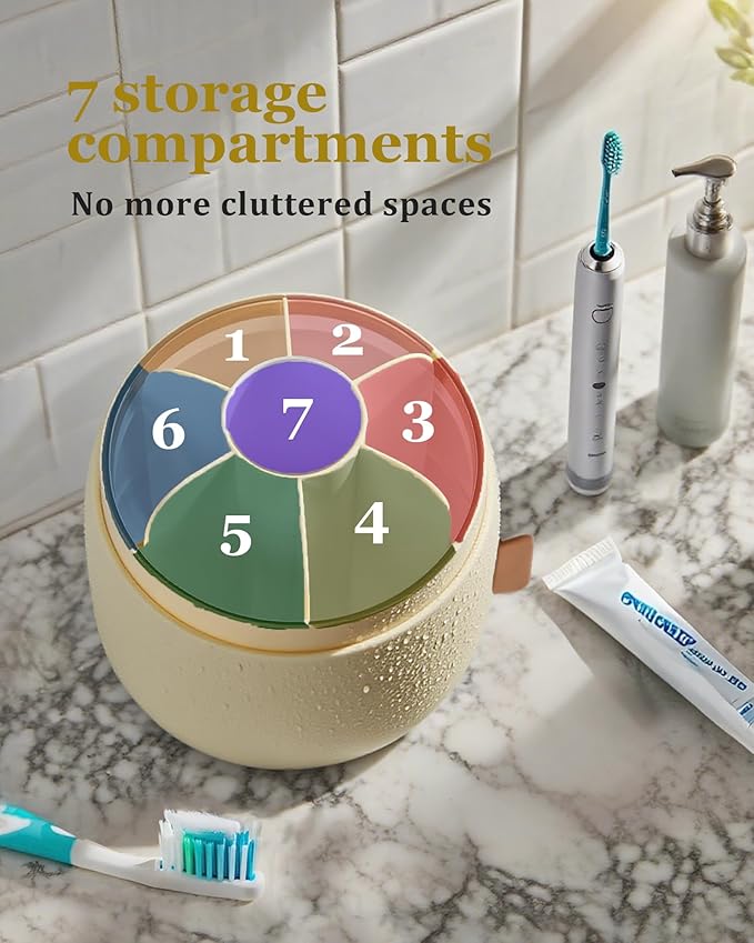 bubooo 360° Rotating Toothbrush Holder for Bathroom - Non-Slip Space-Saving 7-Slot with Cover & Drainage, Electric Toothbrushes/Toothpaste/Razor Organizer for Counter Vanity (beige)