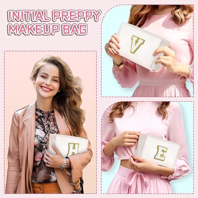 TOPEAST Preppy Makeup Bag, Small Cosmetic Travel Bags for Women, PU Leather Waterproof Toiletry Bag with Zipper, Personalized Birthday Gift for Women Girl, Preppy Gifts for Girl (White Y)