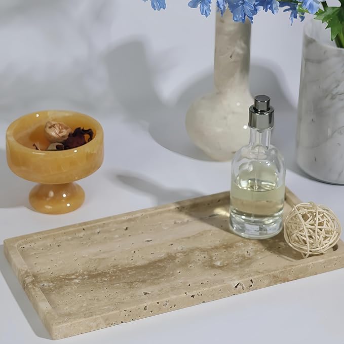 Solid Natural Marble Rectangle Vanity Tray - 9.8"x5" Italy Natural Bath & Counter Organizer, Decorative Jewelry Perfume Holder, Kitchen Coffee Table Serving Tray（Travertine）