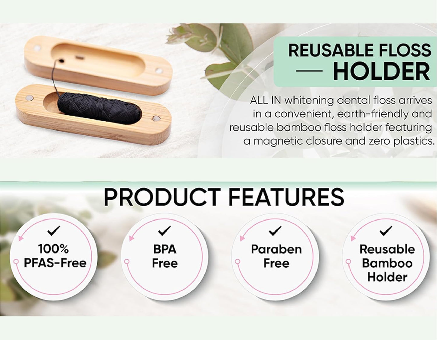 ALL IN Waxed Charcoal Floss with a Refillable Dental Floss Holder - Plant Based, No PFAS - Mint Floss for Effective Plaque Removal, Clean Teeth, Fresh Breath - 32 yd