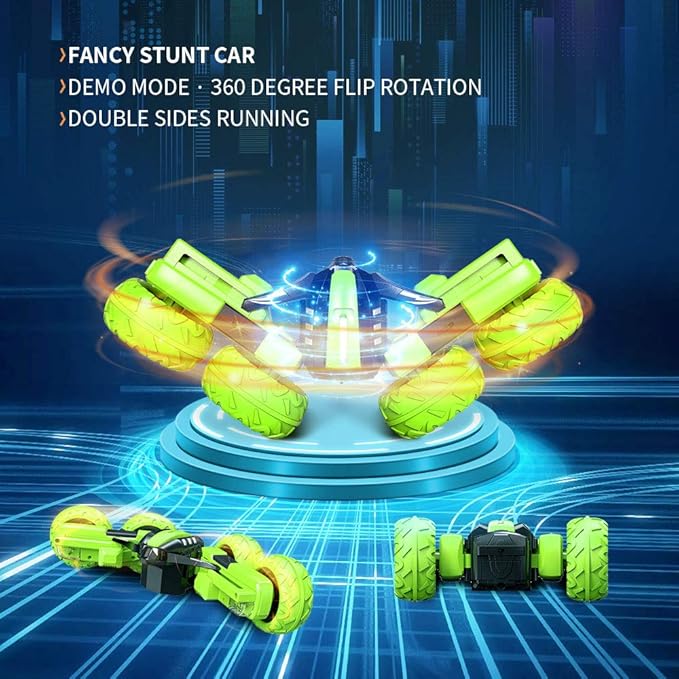 Remote Control Car for Kids 6-12 Years Old, Birthday Gift Toy for Boys Age 6 7 8+, RC Car Stunt with Light 4WD Double Side Racing Vehicle 360° Flips Offroad Indoor Outdoor Sand Grass Garden Green