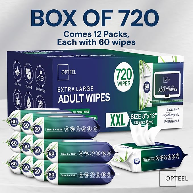 Adult Wipes For Elderly - 8"x13" Extra Large & Soft Wet Wipes for Adults Bathing No-Rinse - Incontinence Disposable Washcloths, Vitamin E & Aloe Infused for Men & Women 720ct (12 Packs of 60)