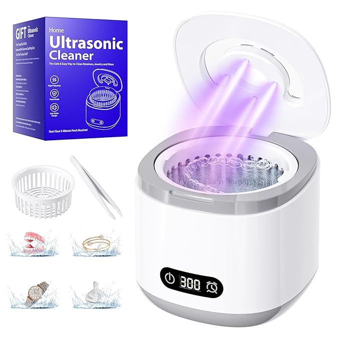 Ultrasonic Retainer Cleaner 200ml Capacity, 45kHz Sonic Dental Cleaning Machine, Ultrasonic Jewelry Cleaner Digital Timer, Retainer Cleaner Machine for Mouth Guard, Braces, Aligner, Toothbrush Head