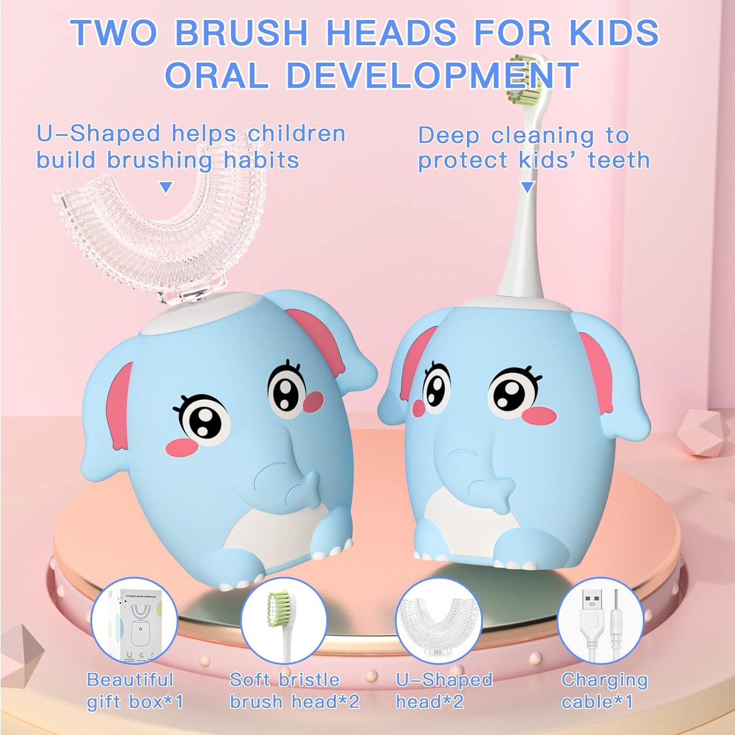 Kids Electric U Shaped Toothbrush Children Rechargeable Sonic Toothbrush with 4 Brush Heads Full Mouth 6 Cleaning Modes - (Age 2-7 Blue)