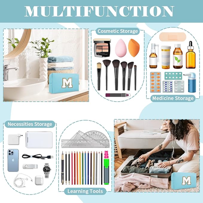 Small Personalized Initial A-Z Preppy Patch Makeup Bag,PU Chenille Letter Travel Cosmetic Pouch with Zipper,Blue Cute Toiletry Bag,Gift Ideal for Teen Girls Women Teacher Bridesmaid,Letter M