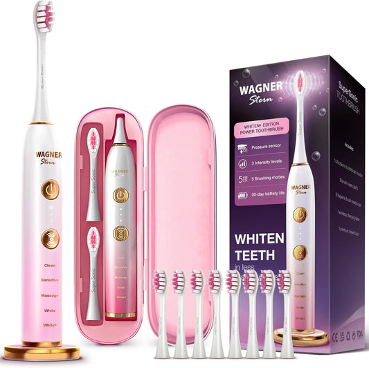 Wagner Stern WT8900 Series Electric Toothbrush – Whitening & Pressure Sensor, 5 Modes, 3 Intensities, 8 Soft Brush Heads, Rechargeable, Travel Case Included