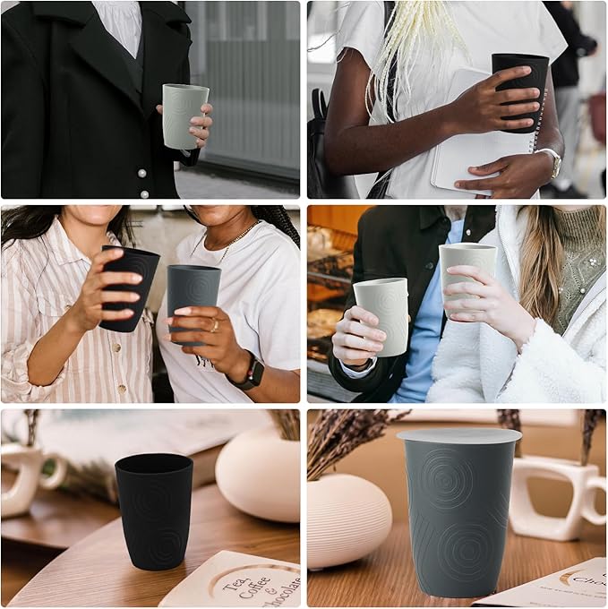 Wrova Wheat Straw Cups 16oz Set of 8 with Silicone Covers - Alternative Plastic Cups Reusable Dishwasher Safe - Unbreakable Plastic Drinking Cups for Kids - Black to Gray