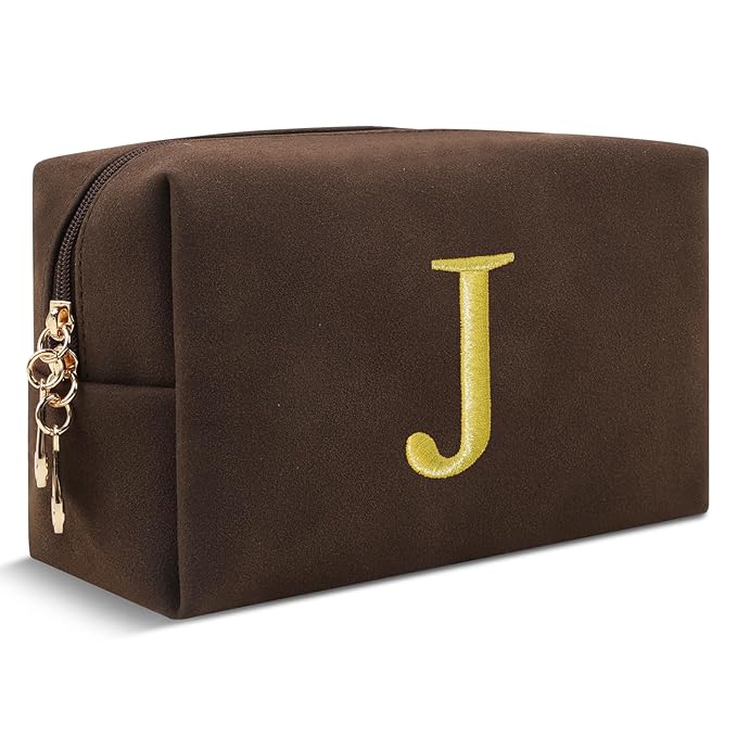 Personalized Initial Makeup Bag,Preppy Suede Cosmetic Bag for Teen Girls,Small Monogram Travel Toiletry Bag With Gold Embroidered Letter,Trendy Stuff Custom Christmas Gift for Women(Coffee-J)