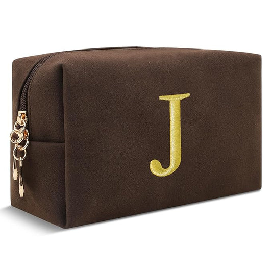 Personalized Initial Makeup Bag,Preppy Suede Cosmetic Bag for Teen Girls,Small Monogram Travel Toiletry Bag With Gold Embroidered Letter,Trendy Stuff Custom Christmas Gift for Women(Coffee-J)