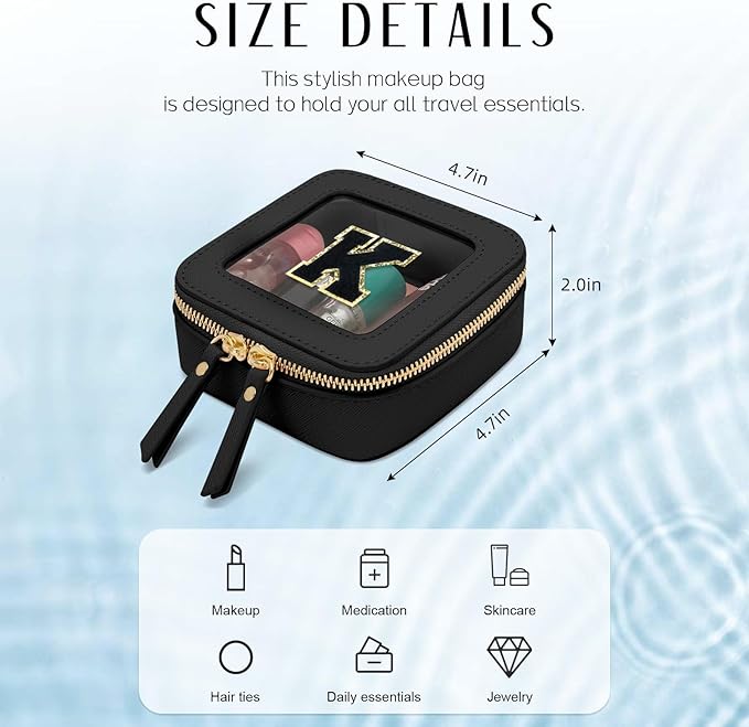 Initial Travel Toiletry Bag - Cosmetic Bags for Girls with Zipper, Clear & Potable Girls Makeup Bag for Travel, Small Cosmetic Pouch Perfect Gifts for Graduation (Black, K)