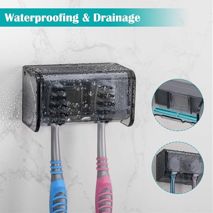 Toothbrush Holders Wall Mounted with Cover, Electric Tooth Brushing Holder for Bathroom, 2 Slots Self Adhesive Toothbrush Organizer, Toothbrush Stand for Family, Kids (1, Transparent Black)