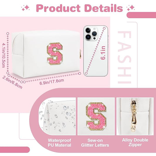 Small Personalized Initial A-Z Patch Makeup Bag,White Cute PU Leather Glitter Letter Cosmetic Bag for Teen Girls,Travel Toiletry Bag with Zipper,Preppy Monogrammed Birthday Gift for Daughter Niece S