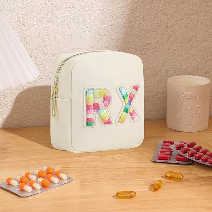 Small Nylon Rx Medicine Bag, Cute Waterproof Chenille Letter Patch Drug Makeup Bag with Metal Zipper, Pill Bag for Purse, Mini Travel First Aid Purse Organizer Machine Washable (08Beige RX)