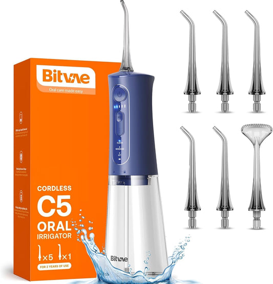 Bitvae Cordless Water Dental Flosser for Teeth, Portable 300ML Water Teeth Cleaner Picks, 3 Cleaning Modes 6 Jet Tips, Water Dental Picks for Cleaning (Midnight Blue)