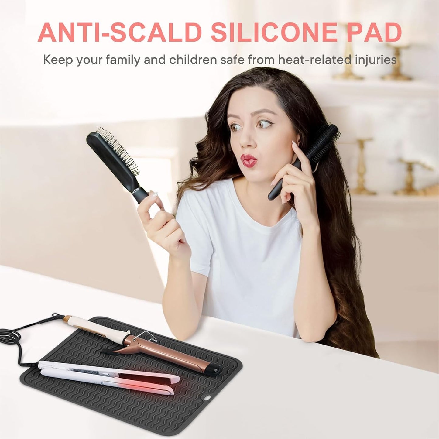 Oversize Silicone Heat Resistant Mat, Portable Travel Mat Cover with Velcro for Curling Irons, Flat Irons, Hair Straightener and Hot Hair Styling Tools(14.2" x 11")