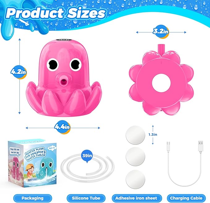 Water Table Pump - Cordless & Rechargeable Water Pump for Water Table with Magnetic Octopus Design, Quick-Install Outdoor Sand/Water Play Toys & Durable Accessories for Toddlers Kids (Pink)