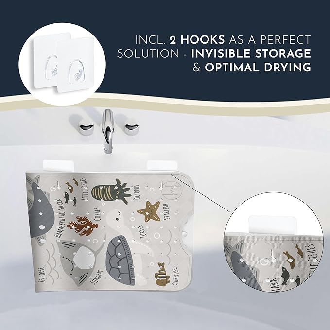 Bath Tub Mat Non Slip Anti Mold for Kids BPA Free INCL Hooks - homerella® Ocean Sea Animals 40x16, Baby Bath Mat Non Slip 200 Suction Cups, Non Toxic Machine Washable Toddler Bath Mat, EU Certified