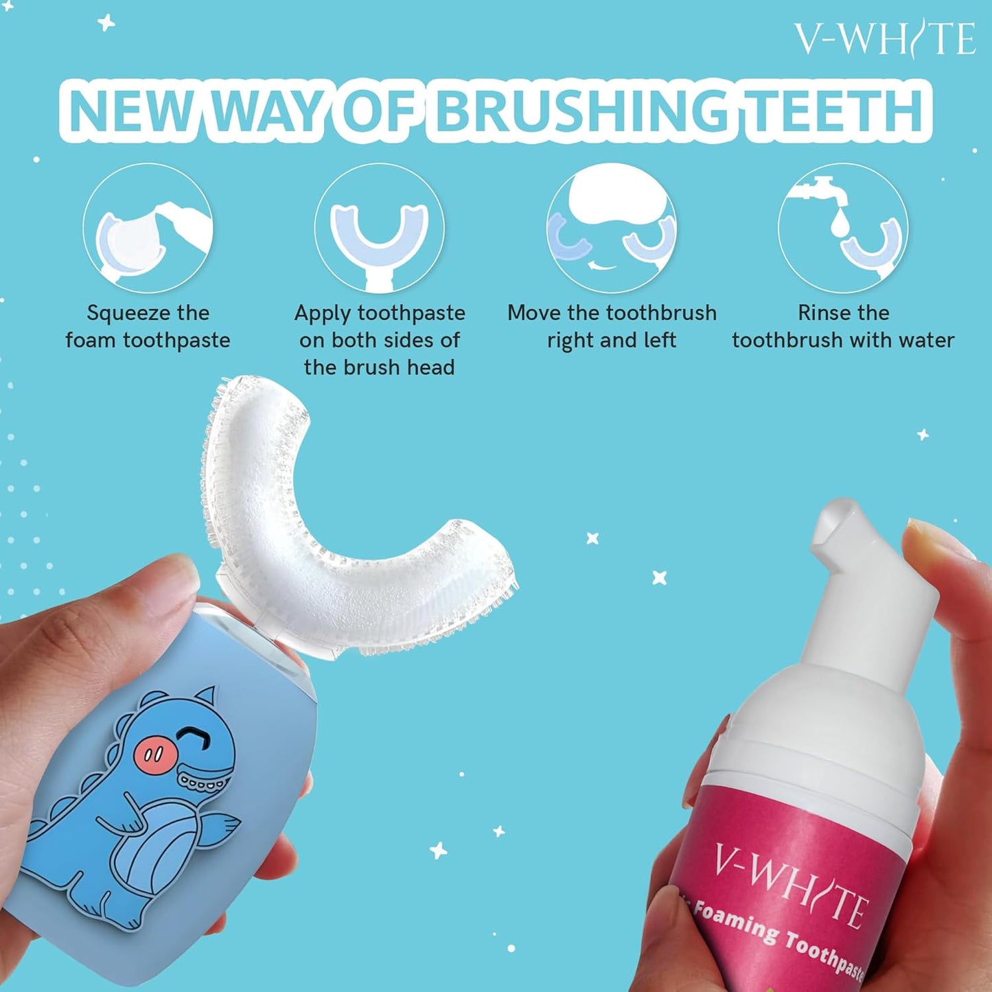 V-White Foam Teeth Whitening Toothpaste - Organic Toothpaste Fluoride Free, Alcohol Free, pH Balanced - Deep Cleansing, Stain Removal, Travel Friendly, for Kids & Adults (Large, Strawberry)