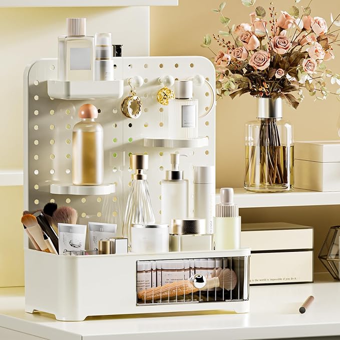 Makeup Organizer for Vanity, Aesthetic Cosmetic Storage Rack with Drawer and Pegboard Hooks, Adjustable Shelves Skincare Organizer for Bathroom Countertop, Cream White