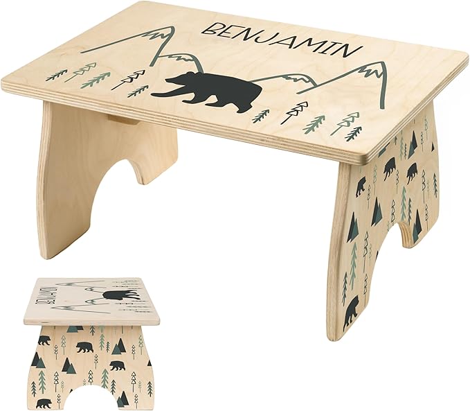Woodland Step Stool for Toddlers- BloomOwl Personalized Wood Kids Step Stool with Name for Kitchen Sink, Bathroom, Potty Training, Toilet, Kitchen Sink- Sturdy and Safe, Mountains (Bear- Minimal)
