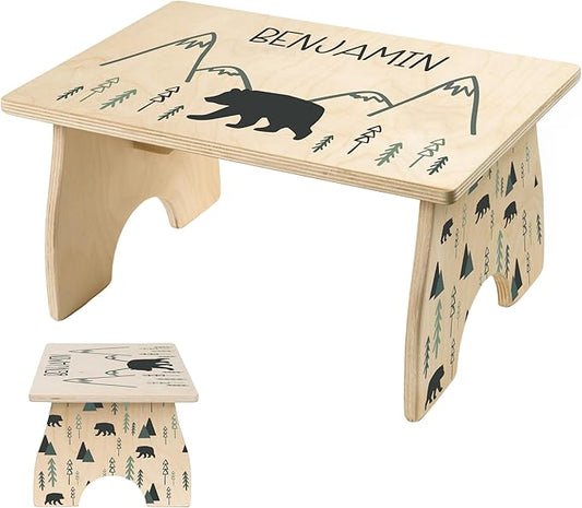 Woodland Step Stool for Toddlers- BloomOwl Personalized Wood Kids Step Stool with Name for Kitchen Sink, Bathroom, Potty Training, Toilet, Kitchen Sink- Sturdy and Safe, Mountains (Bear- Minimal)