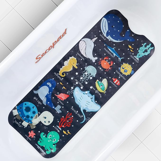 Bath Mat for Tub Non Slip, Machine Washable Anti-Slip Cartoon Baby Bathtub Shower Mat with Drain Holes and Suction Cups for Toddler & Kids, 40 Inch x 16 Inch, Navy Sea Animals