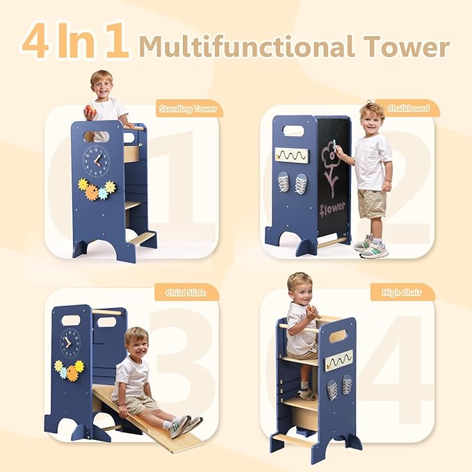 Toddler Tower 4-in-1 Multifunctional Kitchen Step Stool Helper with Removable Safety Board, Adjustable Heights, Slide, Highchair, Chalkboard, Montessori Games-Blue