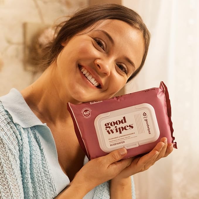 Goodwipes Flushable Wipes – Made with Vitamin E & Aloe – Soft, Individually Wrapped Butt & Feminine Cloths for On-the-Go & Travel Use – Largest Adult Toilet Towelettes – Rosewater, 1 pack, 32 count