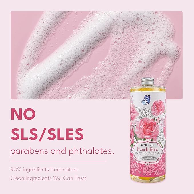 ROMIIE ZOI Rose Foaming Hand Soap Refill Gift Set – 3 Pack (33.8 Fl Oz Each) with Refillable Dispenser, Romantic Floral Scent, Moisturizing & Biodegradable for Bathroom, Kitchen, Sensitive Skin