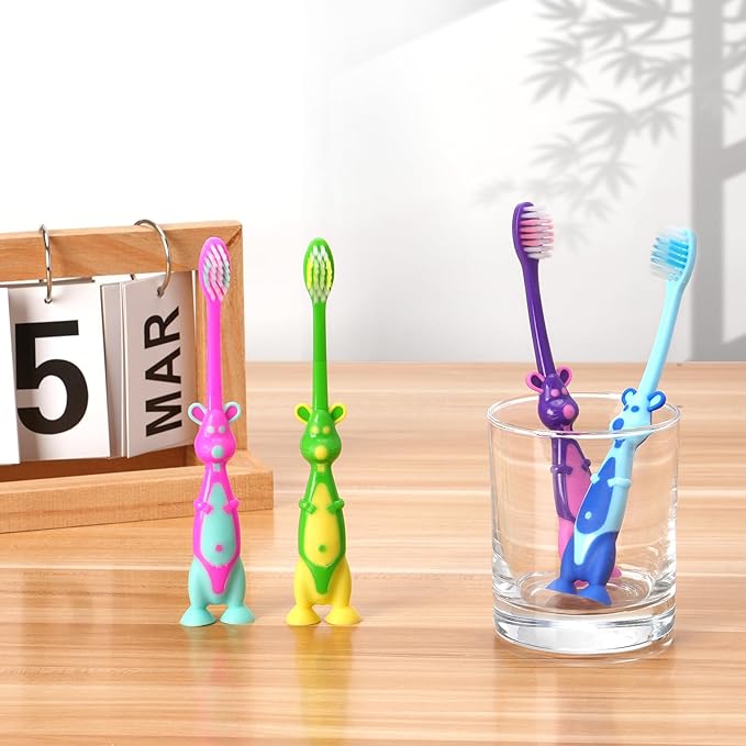 200 Pack Kids Toothbrush Bulk Soft Bristles Toddler Cute Toothbrush with Suction Cup, Includes Travel Covers, Individually Wrapped Toothbrushes for Kid Home School Daycare Camp (Kangaroo)