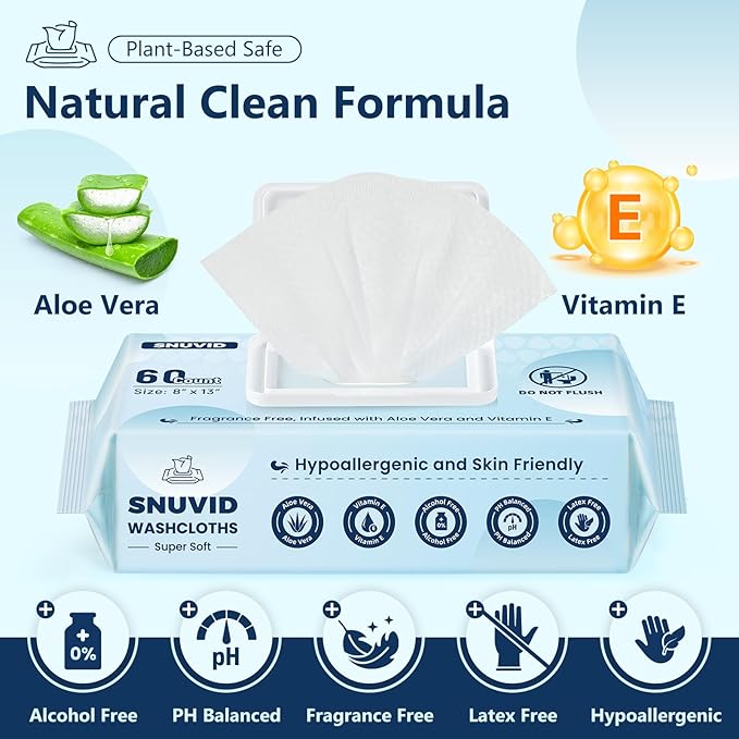 Adult Wipes For Elderly - 8"x13" Extra Large & Soft Wet Wipes for Adults Bathing No-Rinse Incontinence & Cleansing - Disposable Washcloths, Vitamin E & Aloe Infused 720ct (12 Packs of 60)