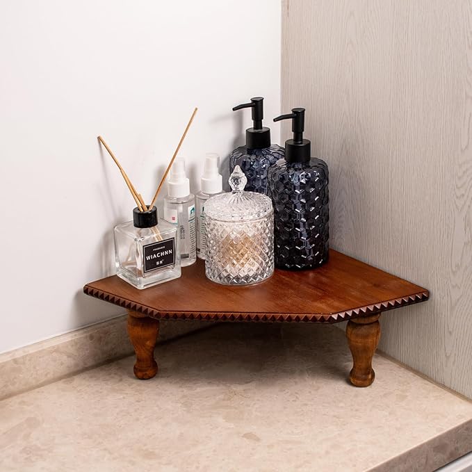 Wood Corner Counter Shelf Framehouse Decorative Tray Stand for Kitchen Bathroom Riser Organizer Coffee Bar Display Shelf with Detachable Legs (Darkbrown)