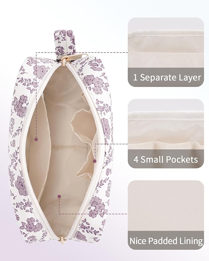 Narwey Small Makeup Bag for Purse Travel Makeup Pouch Mini Cosmetic Bag Zipper Pouch for Women (Little Dusty Pink Flower, Small)