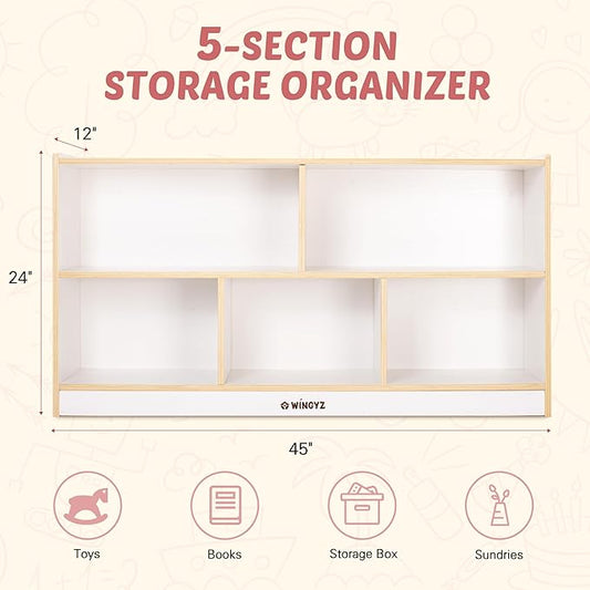 Toy Storage Organizer for Kids, 5-Compartment Wooden Storage Cabinet, Children Bookcase and Montessori Bookshelf, Book Shelf for Kids Room, Playroom, Living Room, Nursery, Classroom 24'' H(White)