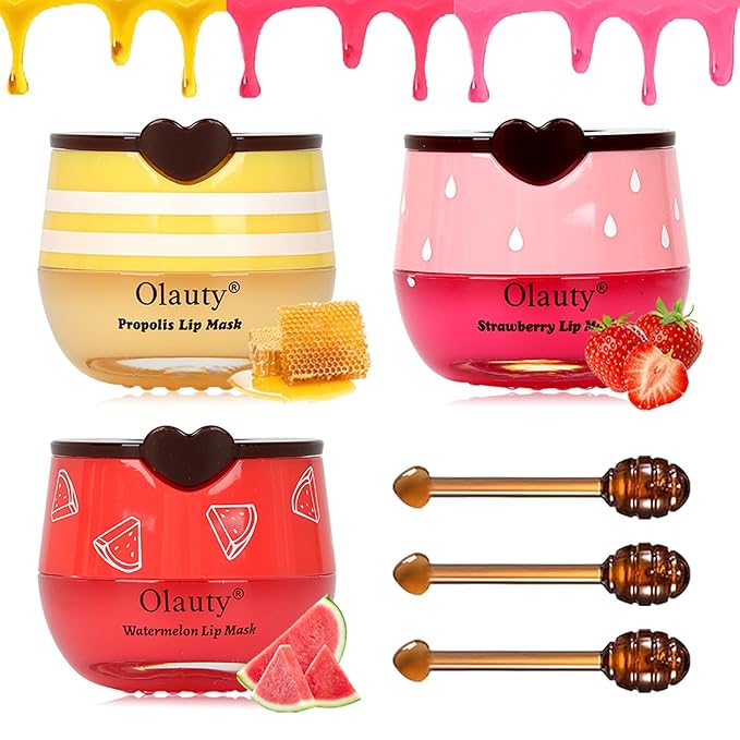 3 PCS Bee Lip Balm Honey Pot,Strawberry, Watermelon, Honey Flavors,Hydrating Lip Masks Overnight Reduces Lip Lines,Lip Prevention Dry &Cracked, Lip Balm Bulk, Christmas Gifts