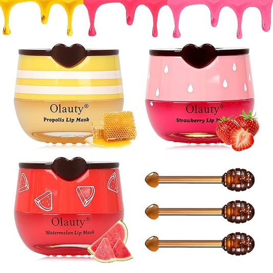 3 PCS Bee Lip Balm Honey Pot,Strawberry, Watermelon, Honey Flavors,Hydrating Lip Masks Overnight Reduces Lip Lines,Lip Prevention Dry &Cracked, Lip Balm Bulk, Christmas Gifts