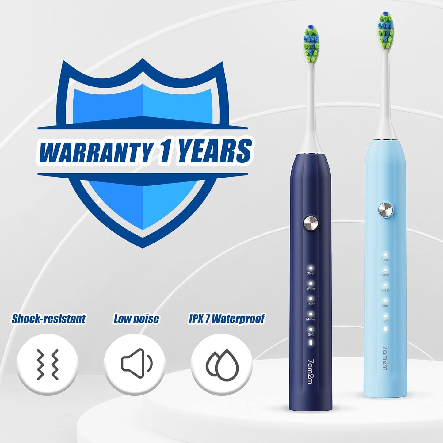 7AM2M Rechargeable Sonic Electric Toothbrush 2 Pack, Soft Toothbrushes for Adults and Kids with 12 Brush Heads, IPX7 One Charge Use for 90 Days, 5 Modes with 2 Minutes Build in Smart Timer