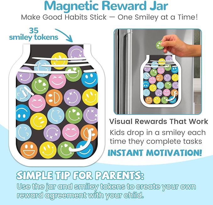 JJPRO Magnetic Reward Chart for Kids with Smiley Faces Reward Jars- 10" x5.5“ Reward Chore Chart for Toddlers,Daily Checklist for Kids,Behavior Chart List Board-Blue&Pink