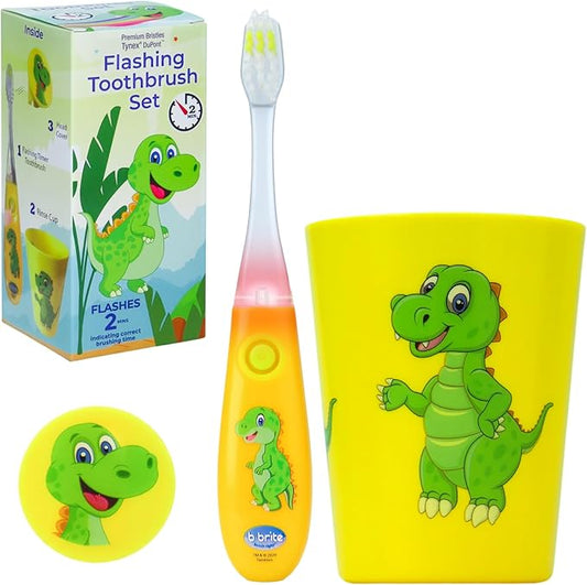 Lily's Home Kids Toothbrush with Flashing Timer and Soft Bristles, Rinsing Cup & Cover - Fun 2-Min Light-Up Timer for Children - Toddler Soft Toothbrush Kit (Dinosaur)