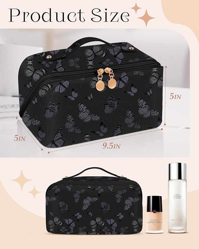 Bistup Makeup Bag Travel Cosmetic Bag Toiletry Make Up Bags Cute Women Large Capacity Big Medium Leather Butterfly Aesthetic Portable Teen Girl Teenage Foldable Expandable Compact Open Flat Zip