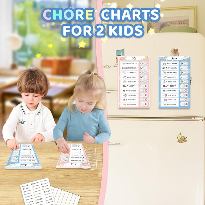 2 in 1 Namable Chore Chart - Dry Erase Morning/Bedtime Routine Chart for Kids - Magnetic Visual Schedule for Toddlers to Do List Checklist for Multiple Kids