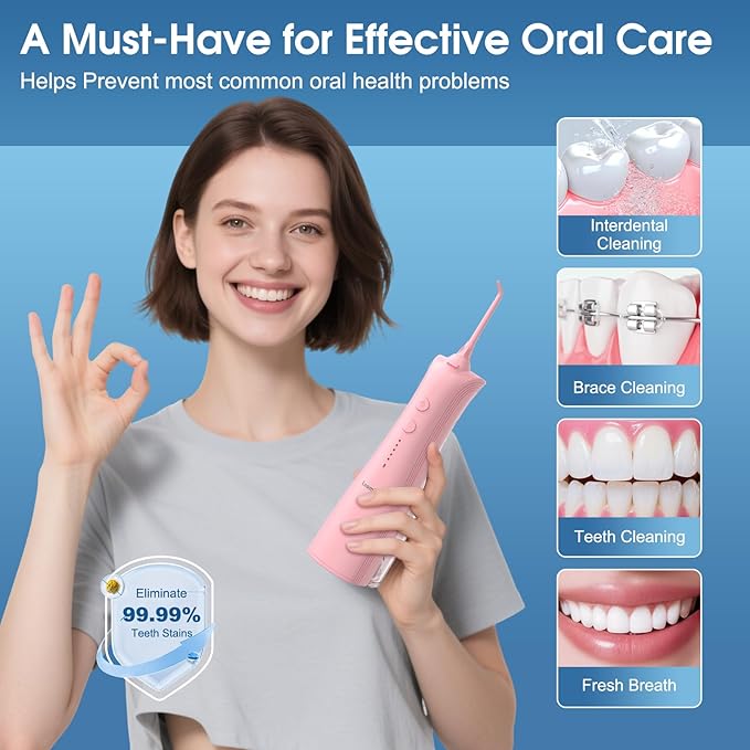 Leominor Water Dental Flosser - 5 Modes Cordless Portable Oral Irrigator, IPX7 Waterproof, Rechargeable Teeth Cleaner Upgrade Datchable Tank Professional Flossing Cleaning Pick for Home Travel (Pink)