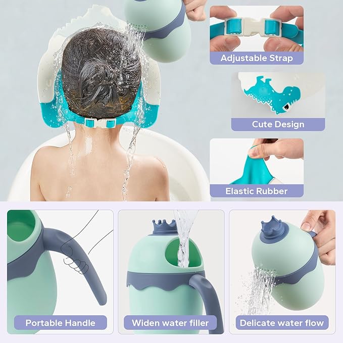 FUNUPUP Baby Shower Cap for Kids with Bath Rinse Cup, Adjustable Toddler Hair Washing Shield Hat Baby Bath Visor Shampoo Hat for Toddlers 6M-9T（Dinosaur Blue)